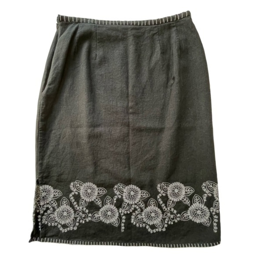 Richard Malcolm Sz6 Black w/ White Floral Embroidery Lined Pencil Midi Skirt Vtg